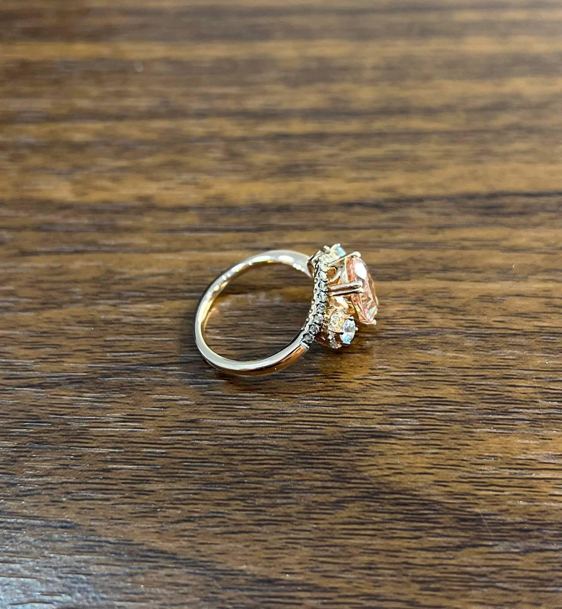 Peach Morganite Blue Topaz Champagne Diamond Halo 14K Rose Gold Side Stone Ring