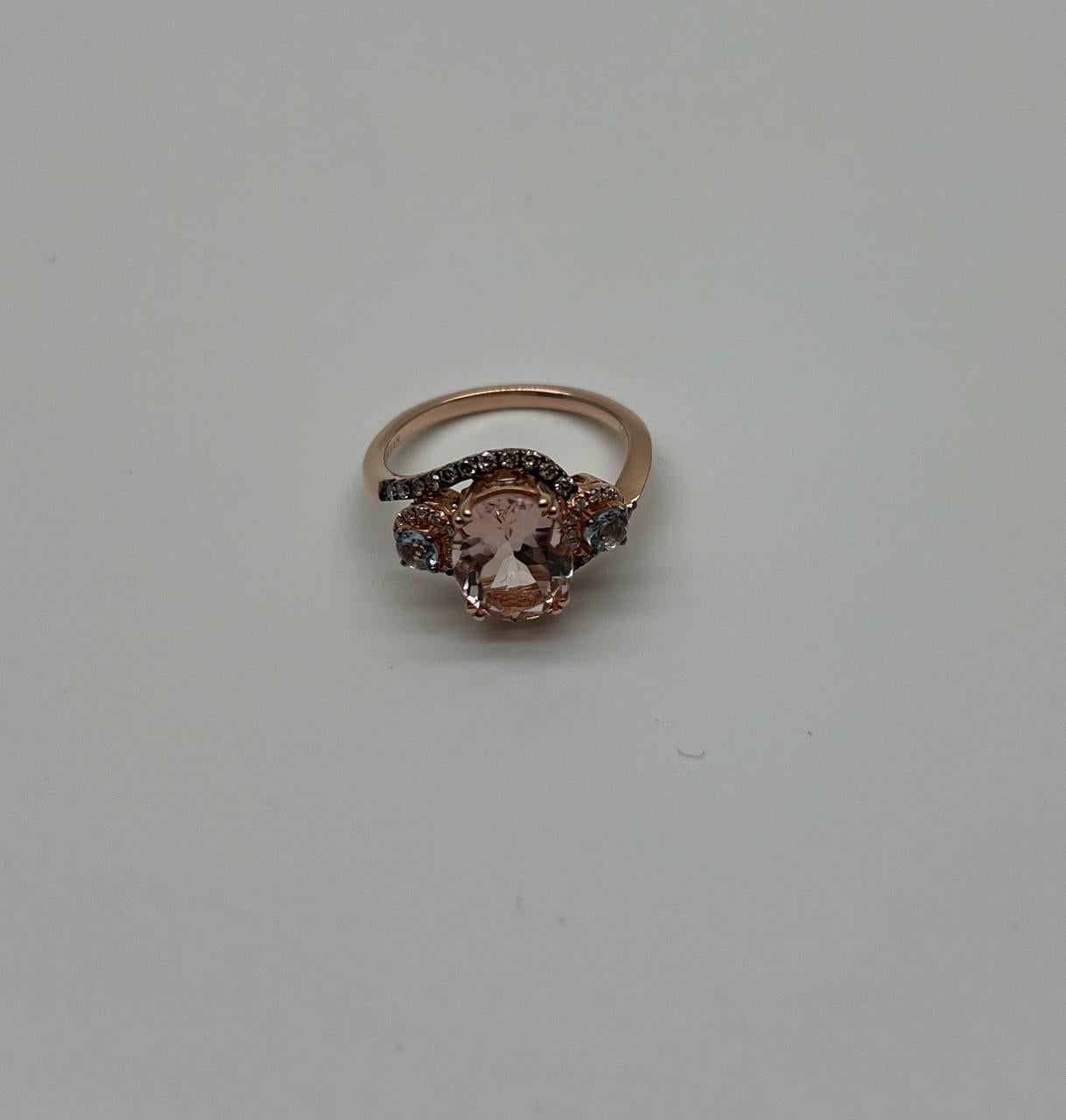 Peach Morganite Blue Topaz Champagne Diamond Halo 14K Rose Gold Side Stone Ring