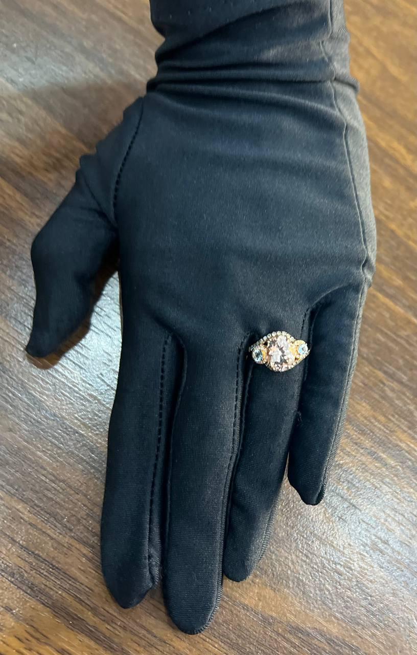Peach Morganite Blue Topaz Champagne Diamond Halo 14K Rose Gold Side Stone Ring