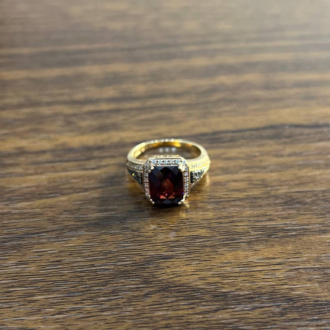 Rectangular Dark Red Garnet Champagne Diamond Halo Pave 14K Gold Statement Ring