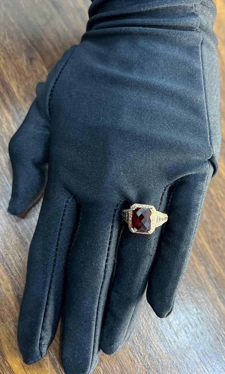 Rectangular Dark Red Garnet Champagne Diamond Halo Pave 14K Gold Statement Ring