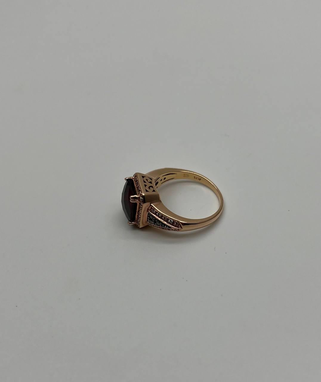 Rectangular Dark Red Garnet Champagne Diamond Halo Pave 14K Gold Statement Ring