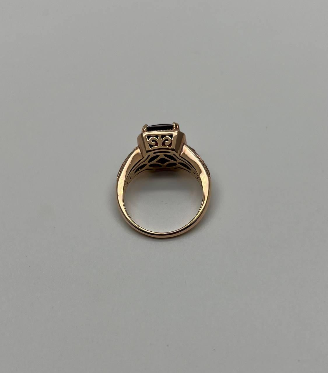 Rectangular Dark Red Garnet Champagne Diamond Halo Pave 14K Gold Statement Ring