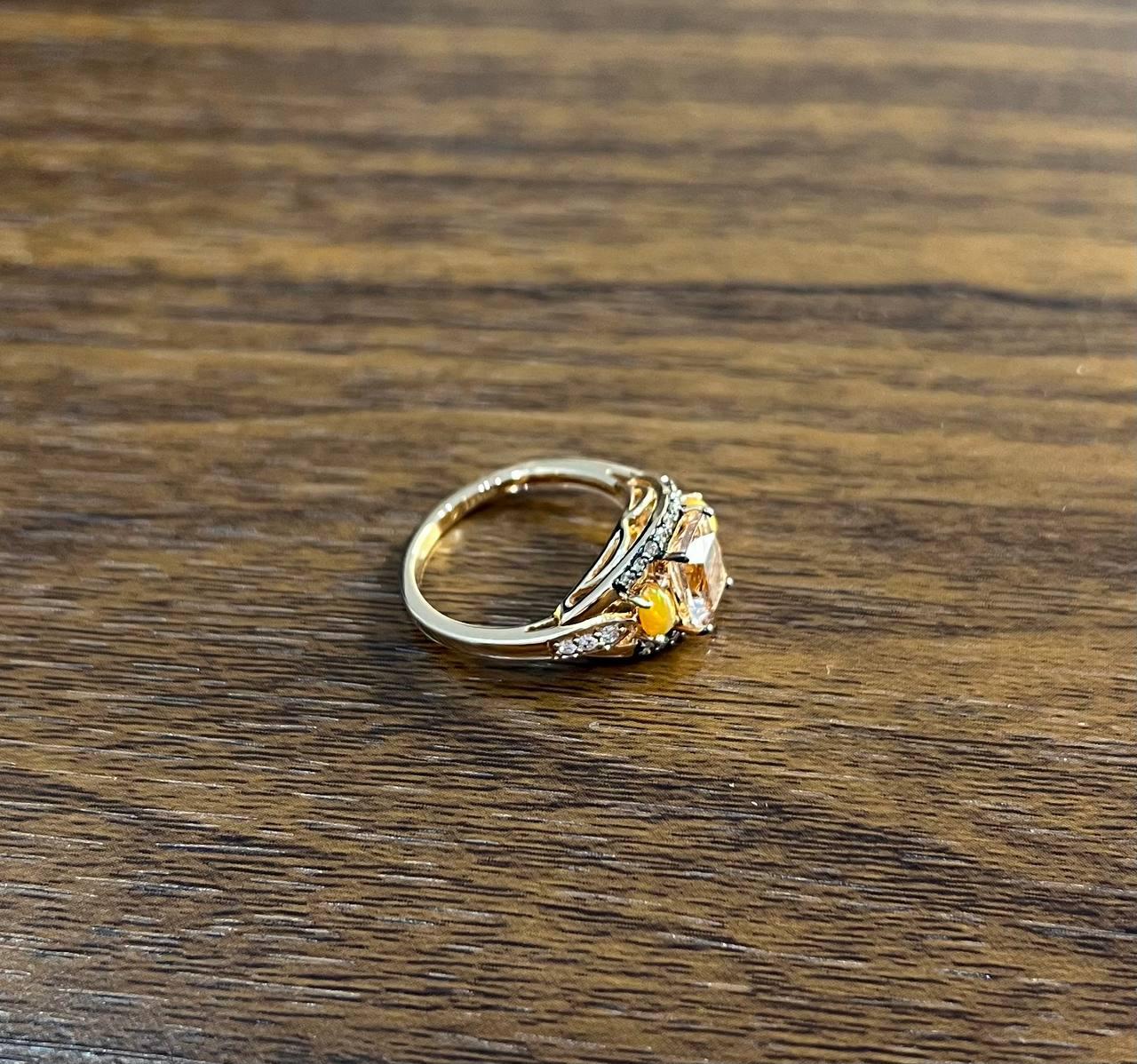 Cushion Light Peach Pink Morganite Orange Opals Diamonds 14KRose Gold Band Ring