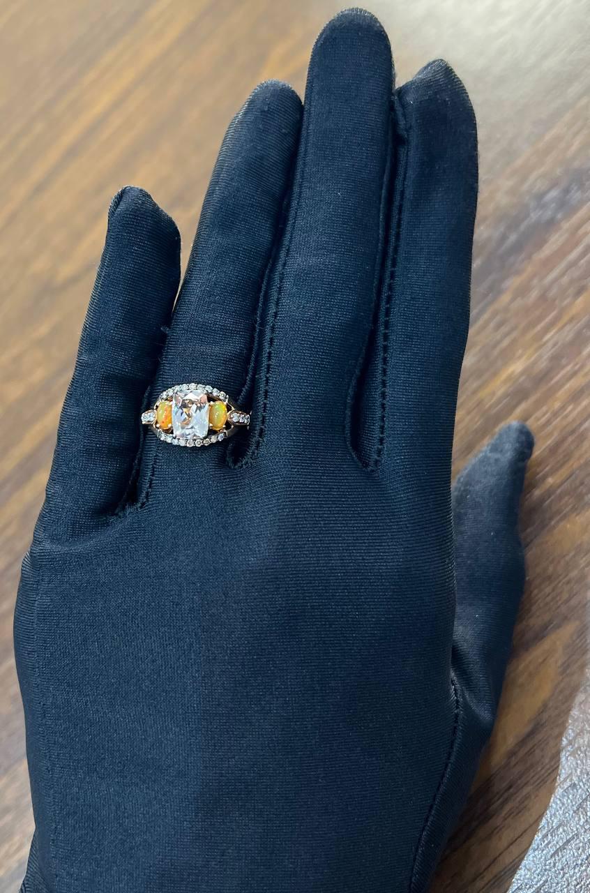 Cushion Light Peach Pink Morganite Orange Opals Diamonds 14KRose Gold Band Ring