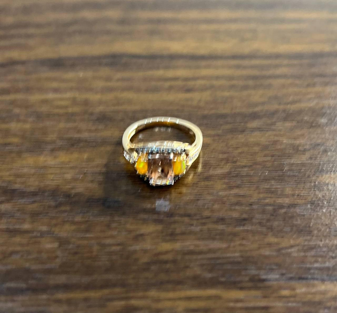 Cushion Light Peach Pink Morganite Orange Opals Diamonds 14KRose Gold Band Ring