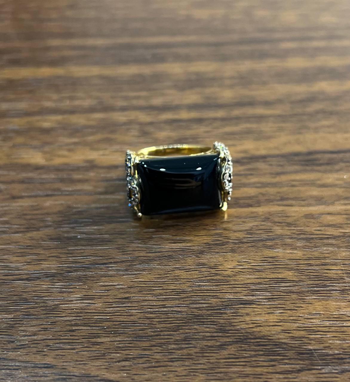 Rectangular Black Onyx Center White Diamonds 14K Gold Floral Cocktail Ring