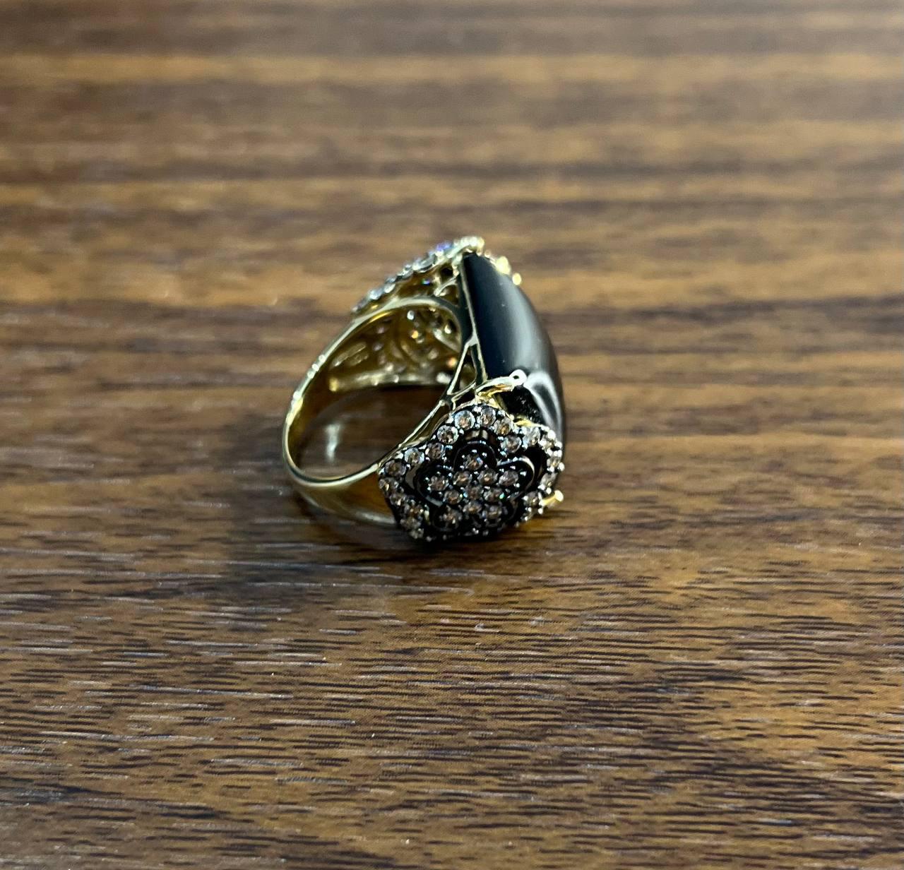 Rectangular Black Onyx Center White Diamonds 14K Gold Floral Cocktail Ring