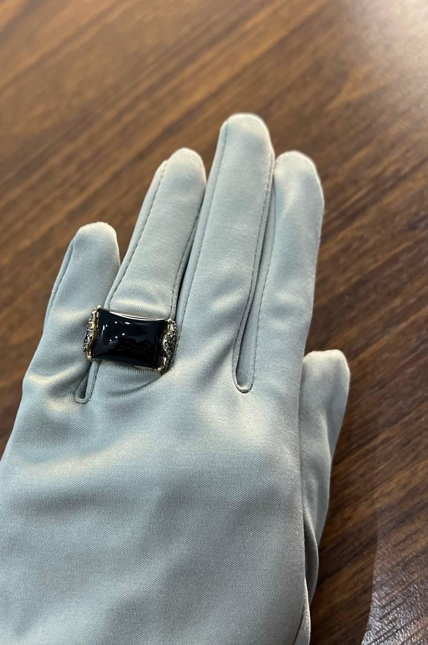 Rectangular Black Onyx Center White Diamonds 14K Gold Floral Cocktail Ring