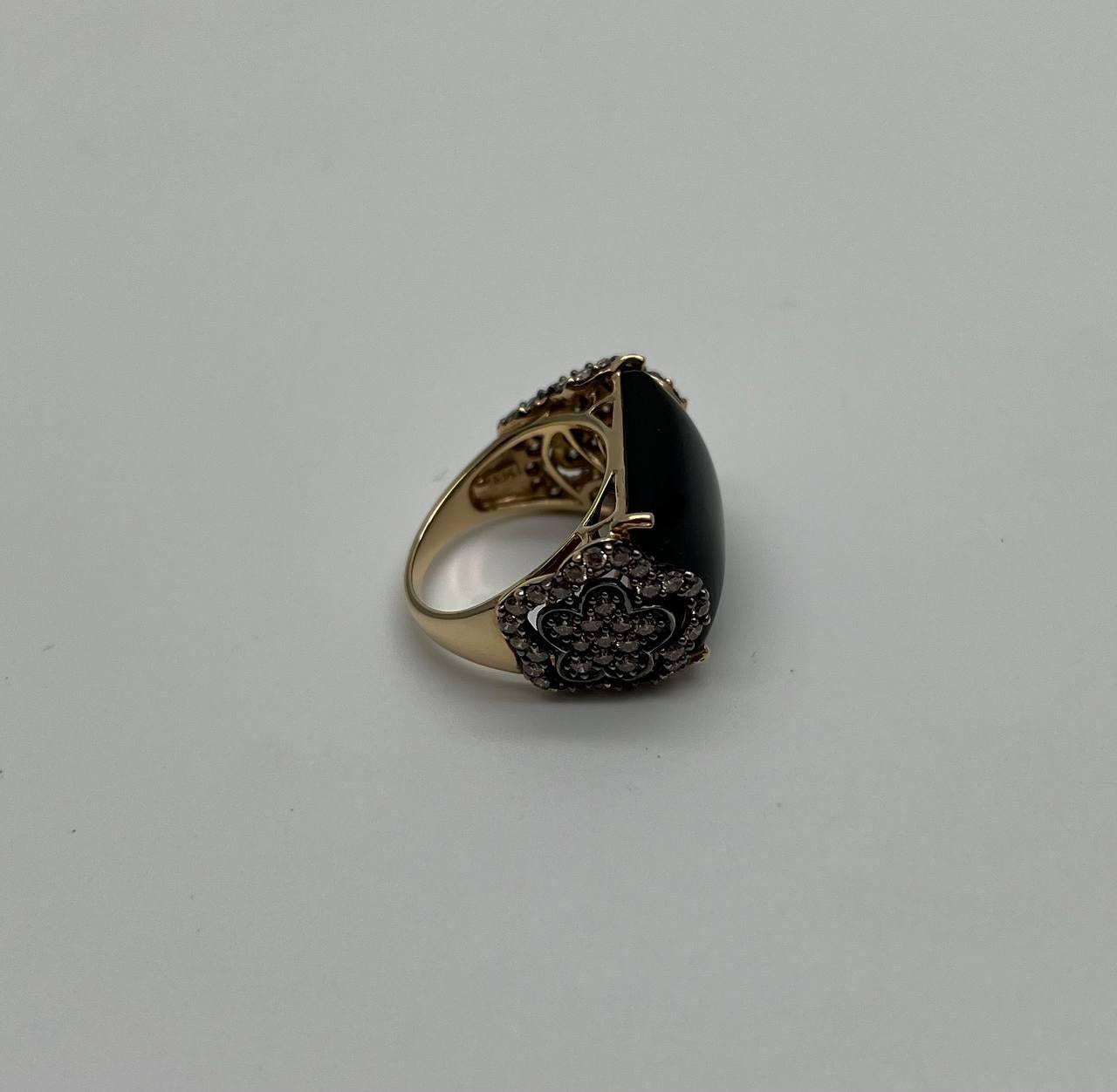 Rectangular Black Onyx Center White Diamonds 14K Gold Floral Cocktail Ring