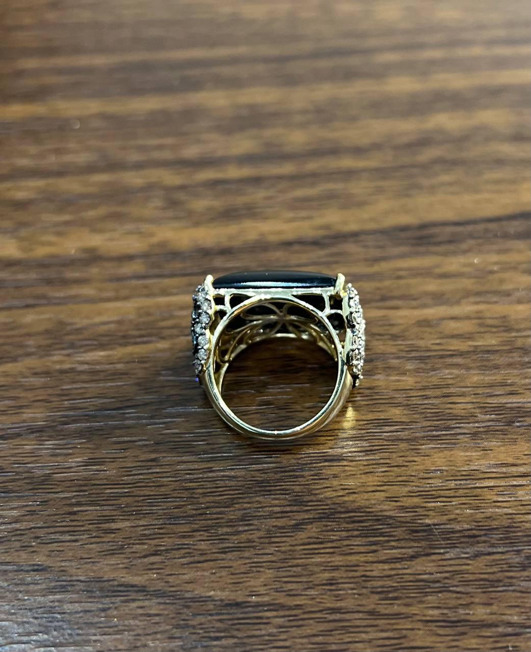 Rectangular Black Onyx Center White Diamonds 14K Gold Floral Cocktail Ring