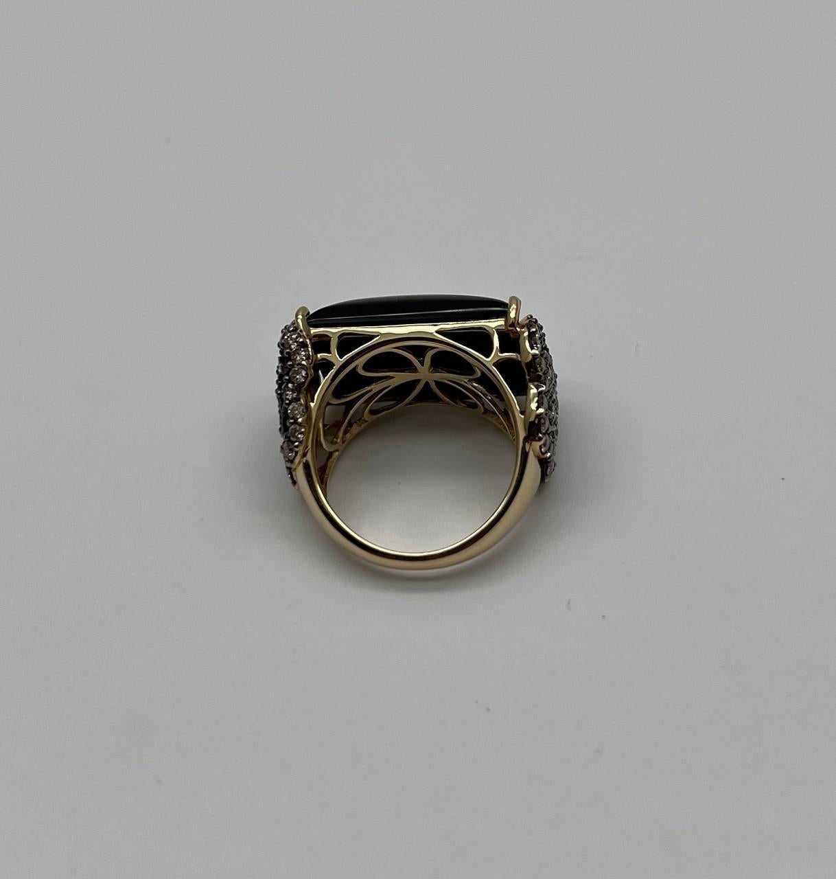 Rectangular Black Onyx Center White Diamonds 14K Gold Floral Cocktail Ring