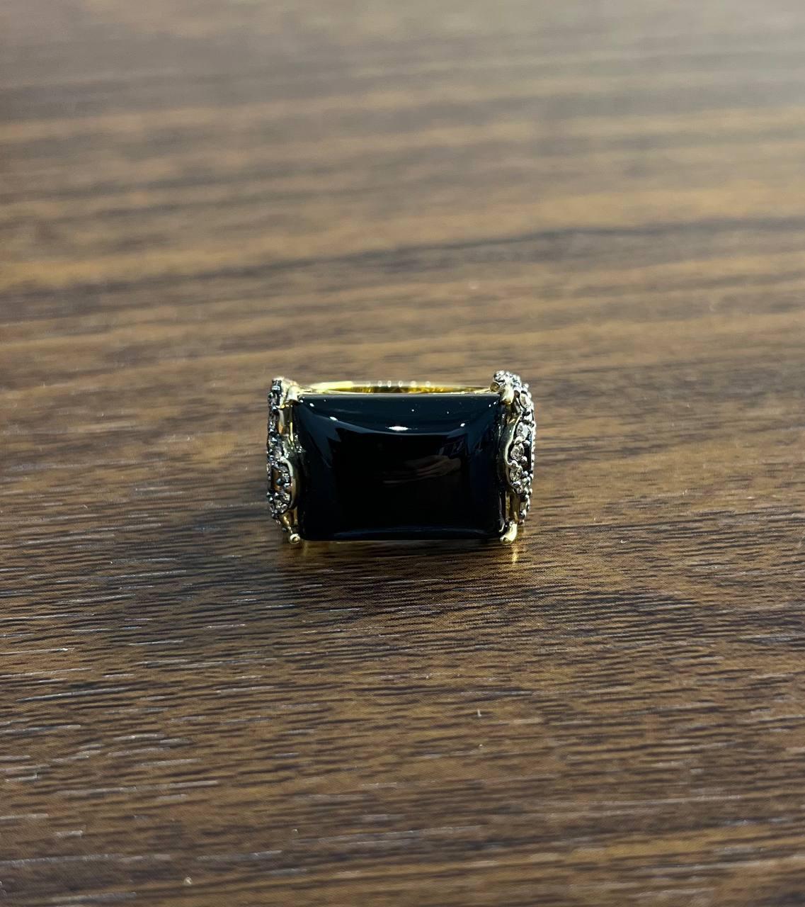 Rectangular Black Onyx Center White Diamonds 14K Gold Floral Cocktail Ring