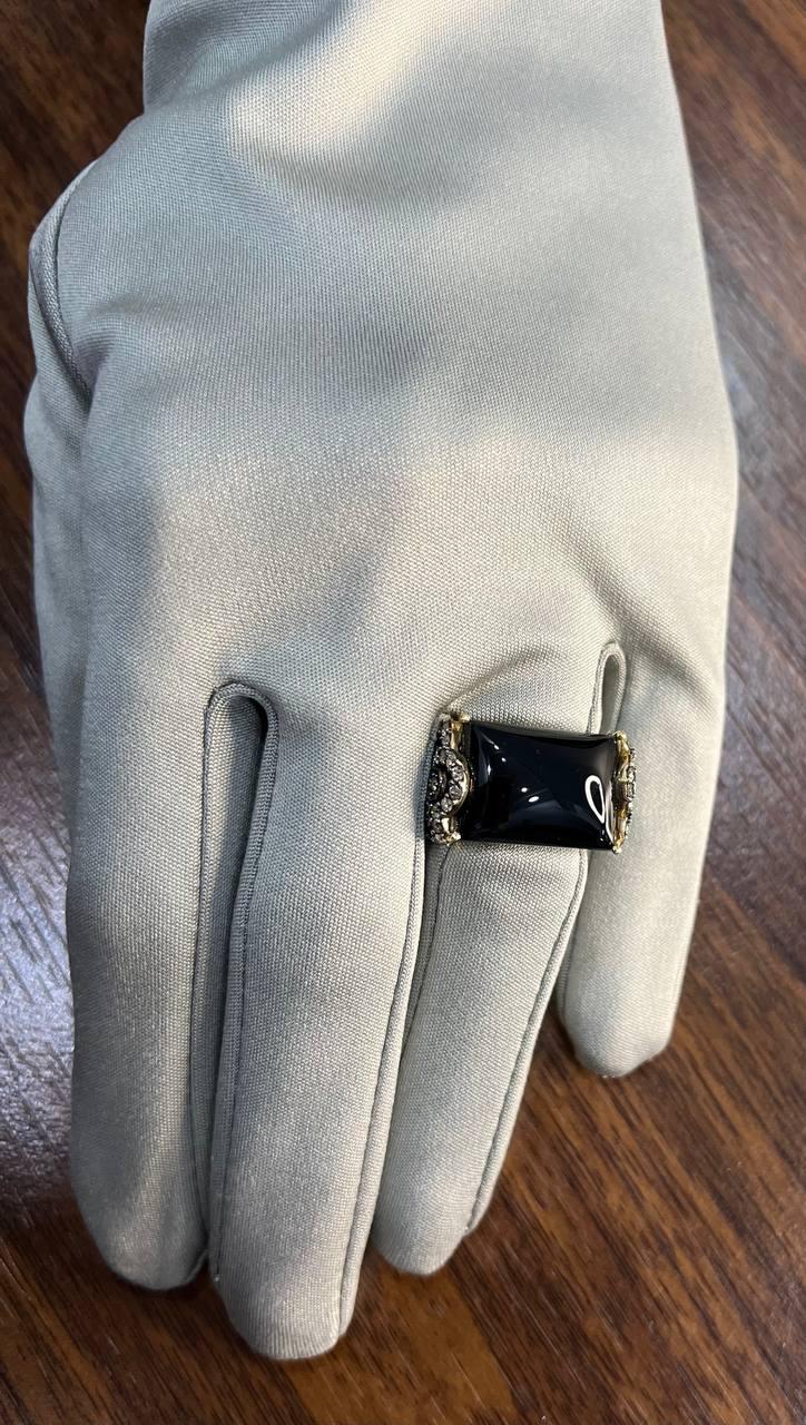 Rectangular Black Onyx Center White Diamonds 14K Gold Floral Cocktail Ring