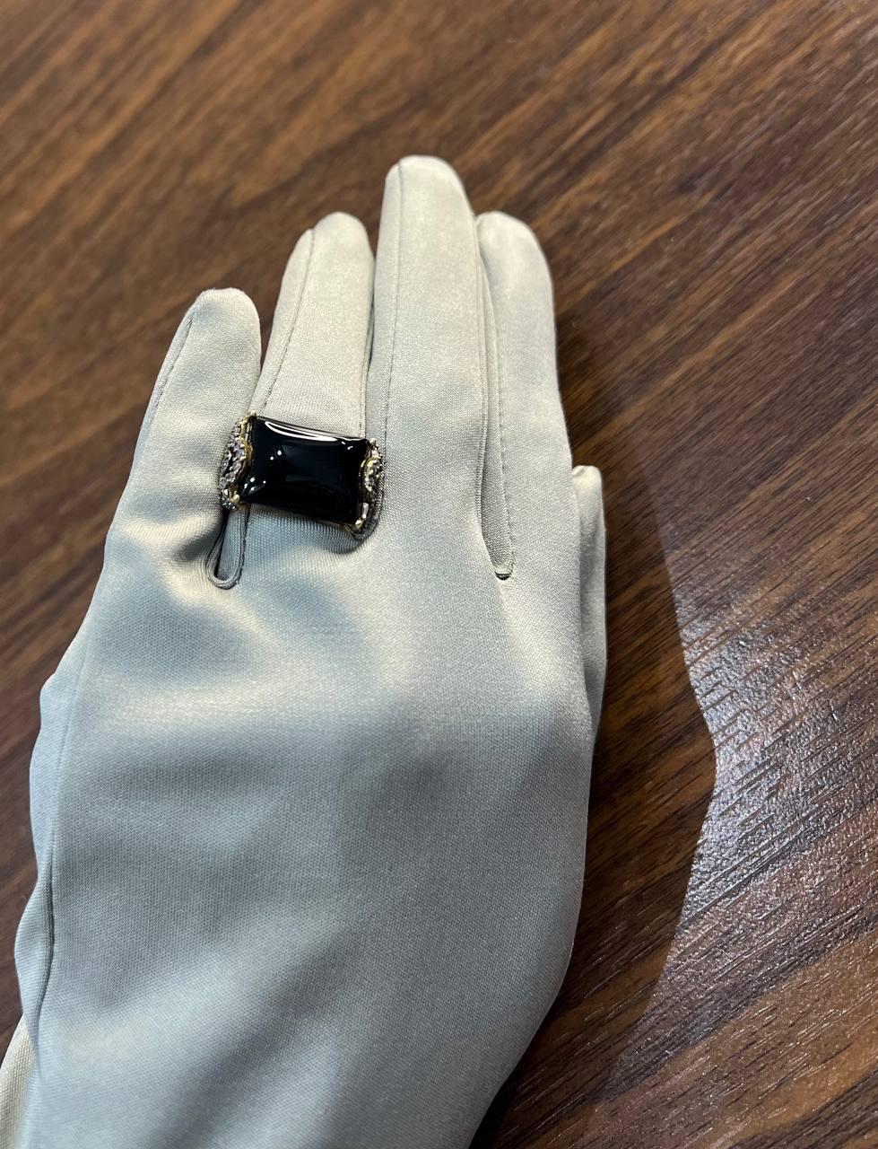 Rectangular Black Onyx Center White Diamonds 14K Gold Floral Cocktail Ring