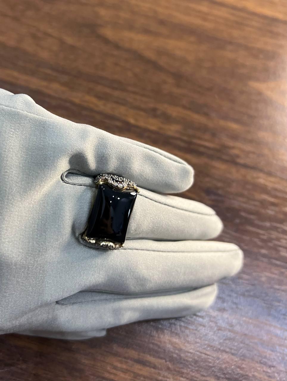 Rectangular Black Onyx Center White Diamonds 14K Gold Floral Cocktail Ring