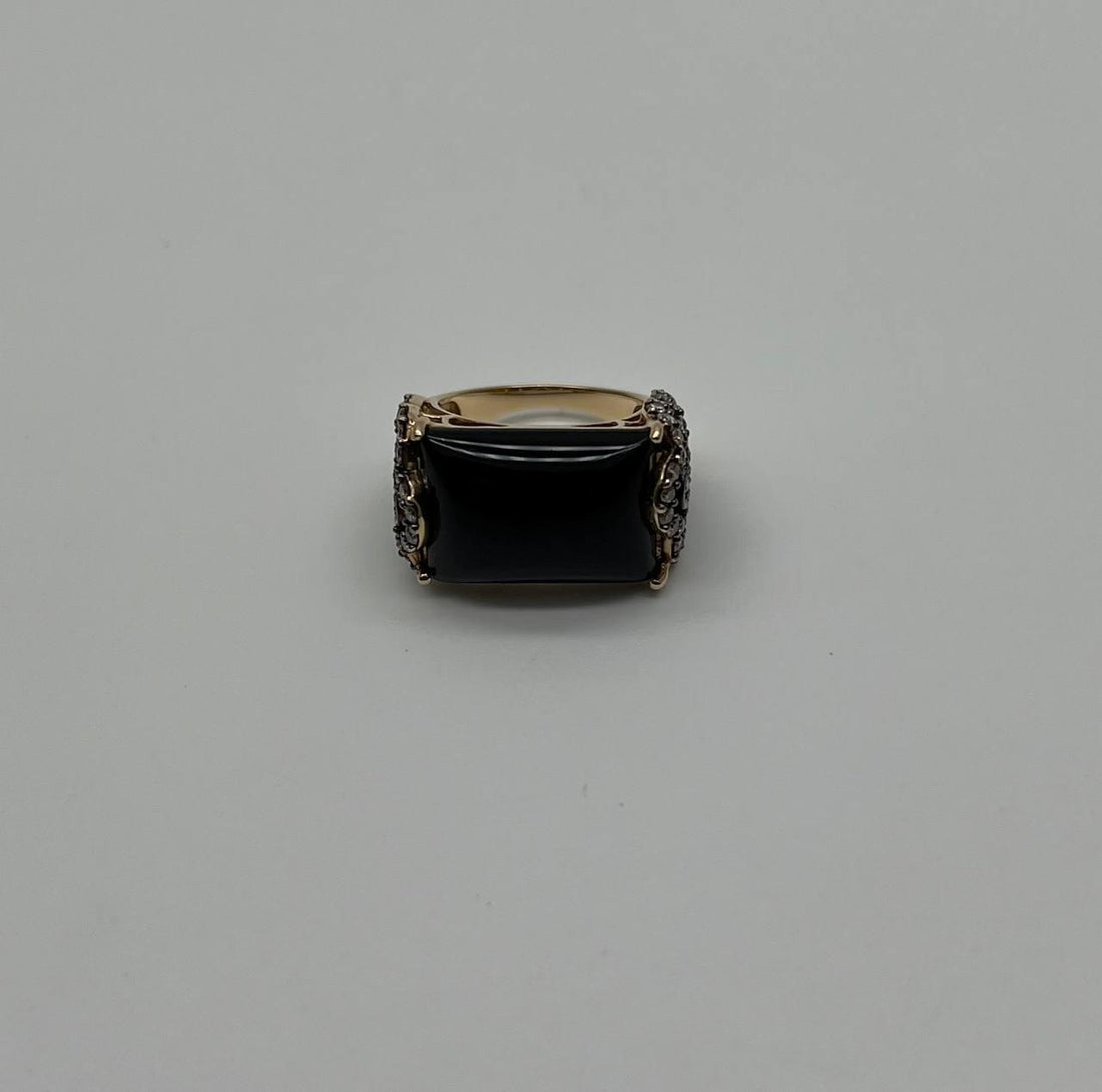 Rectangular Black Onyx Center White Diamonds 14K Gold Floral Cocktail Ring