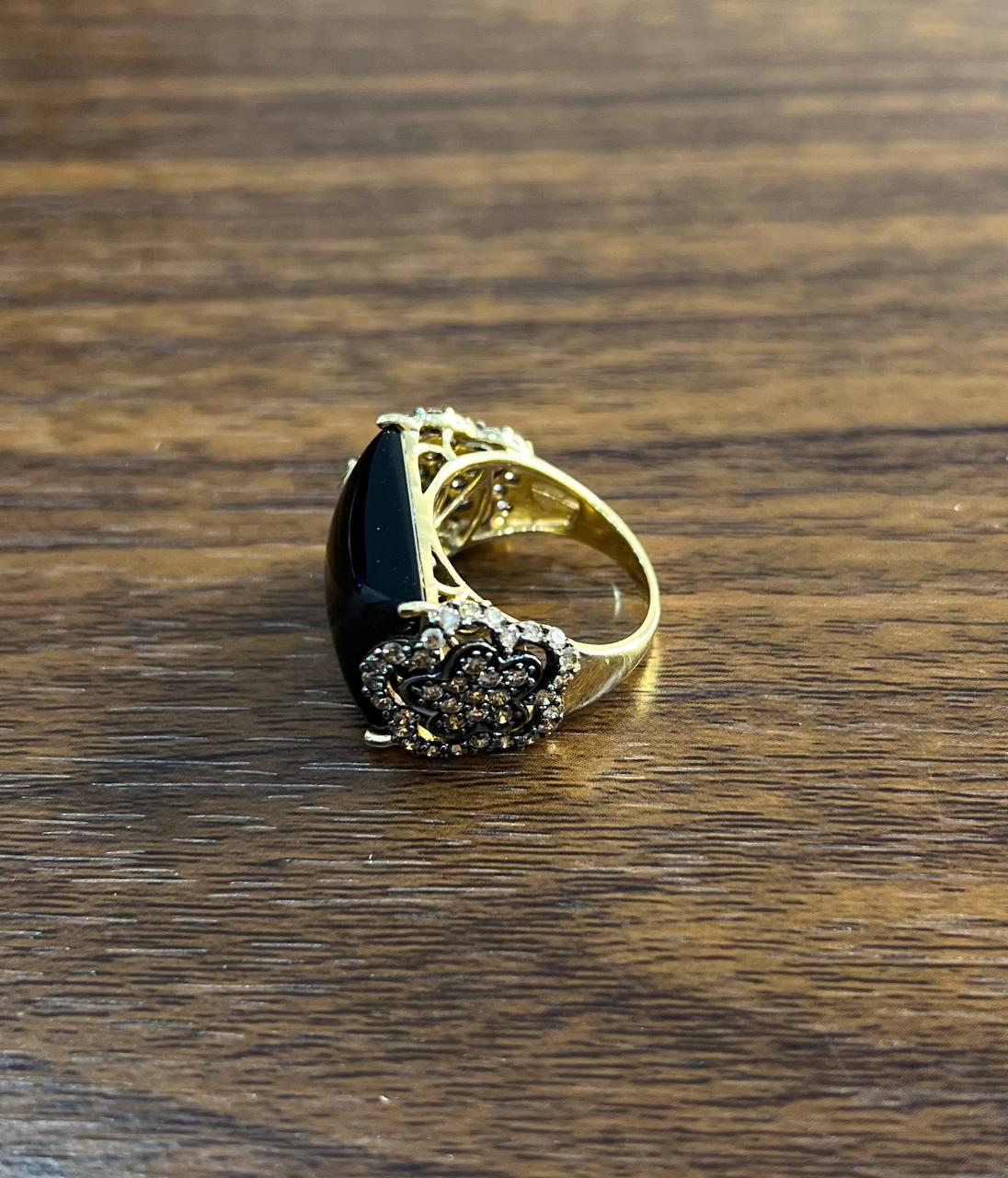 Rectangular Black Onyx Center White Diamonds 14K Gold Floral Cocktail Ring