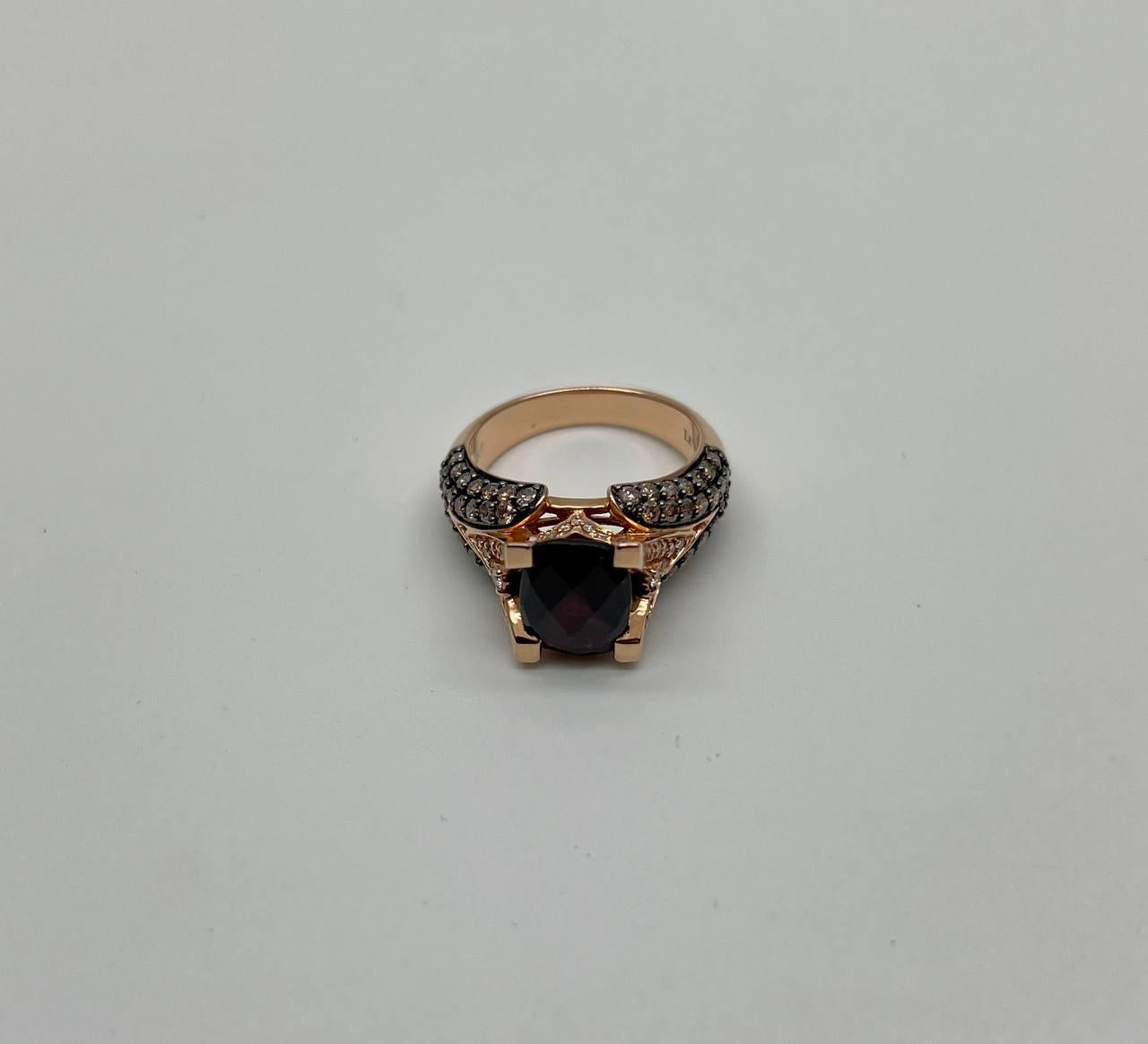 Dark Red Garnet Champagne White Pave Set 14K Rose Gold Statement Cocktail Ring