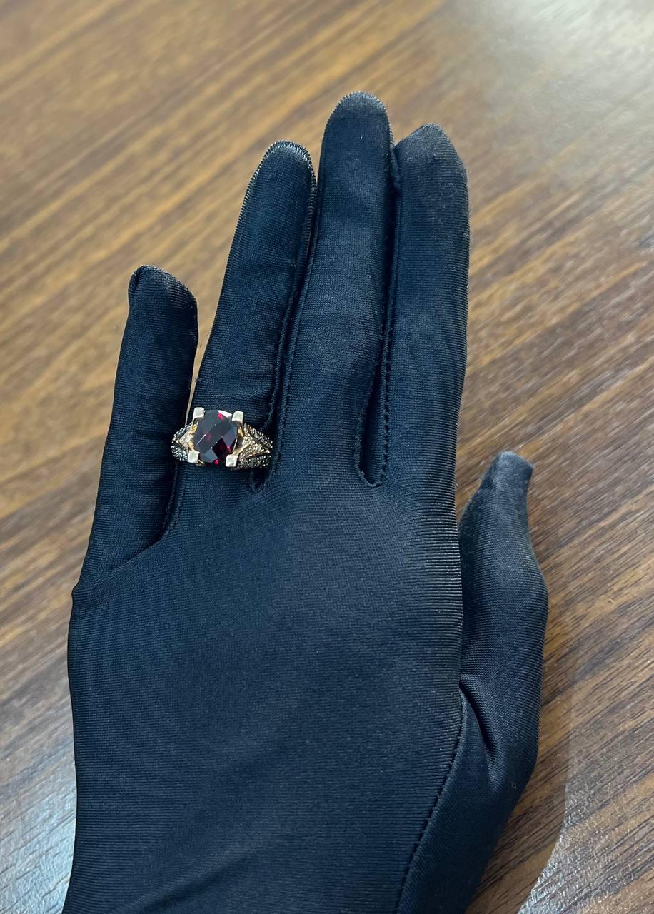 Dark Red Garnet Champagne White Pave Set 14K Rose Gold Statement Cocktail Ring