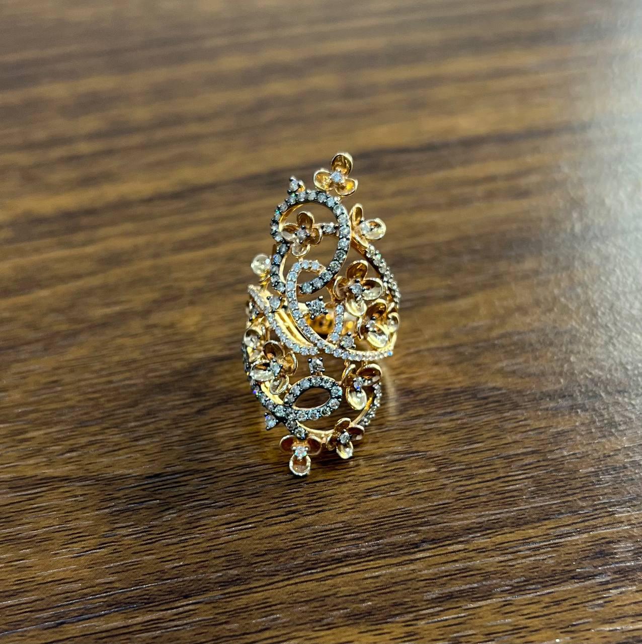 Gold Flower Design Looped White Brown Diamonds Statement Floral Design Full Ring