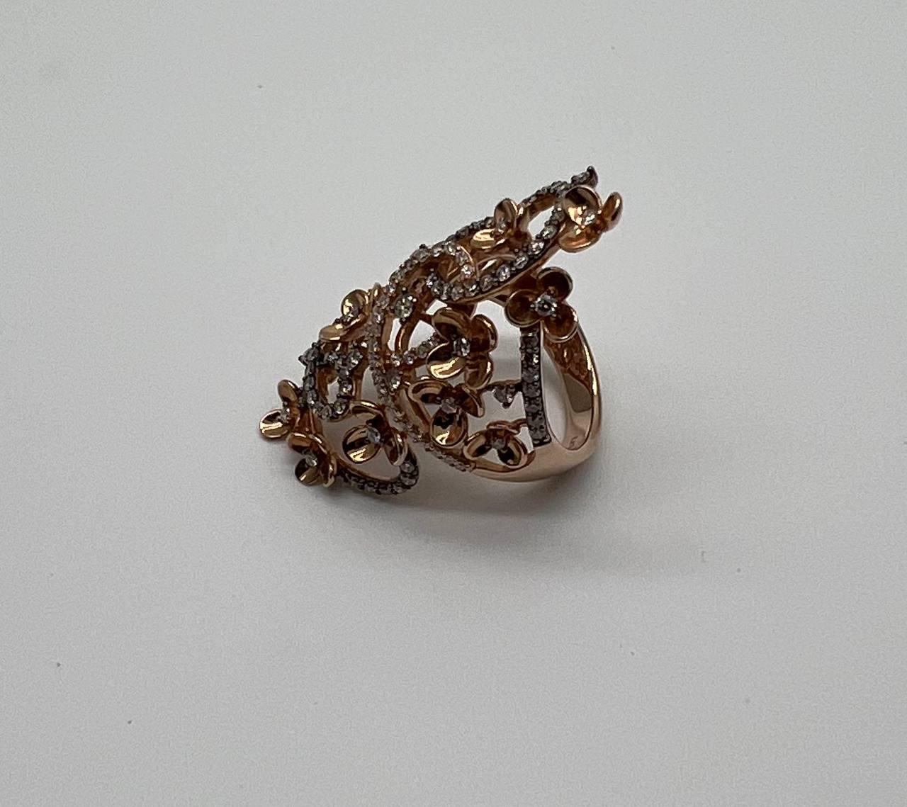 Gold Flower Design Looped White Brown Diamonds Statement Floral Design Full Ring
