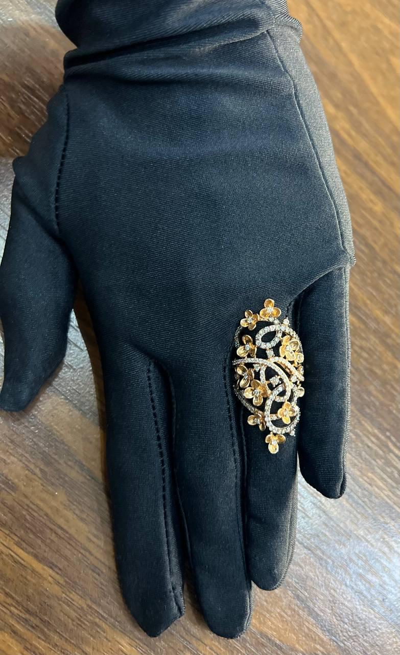 Gold Flower Design Looped White Brown Diamonds Statement Floral Design Full Ring