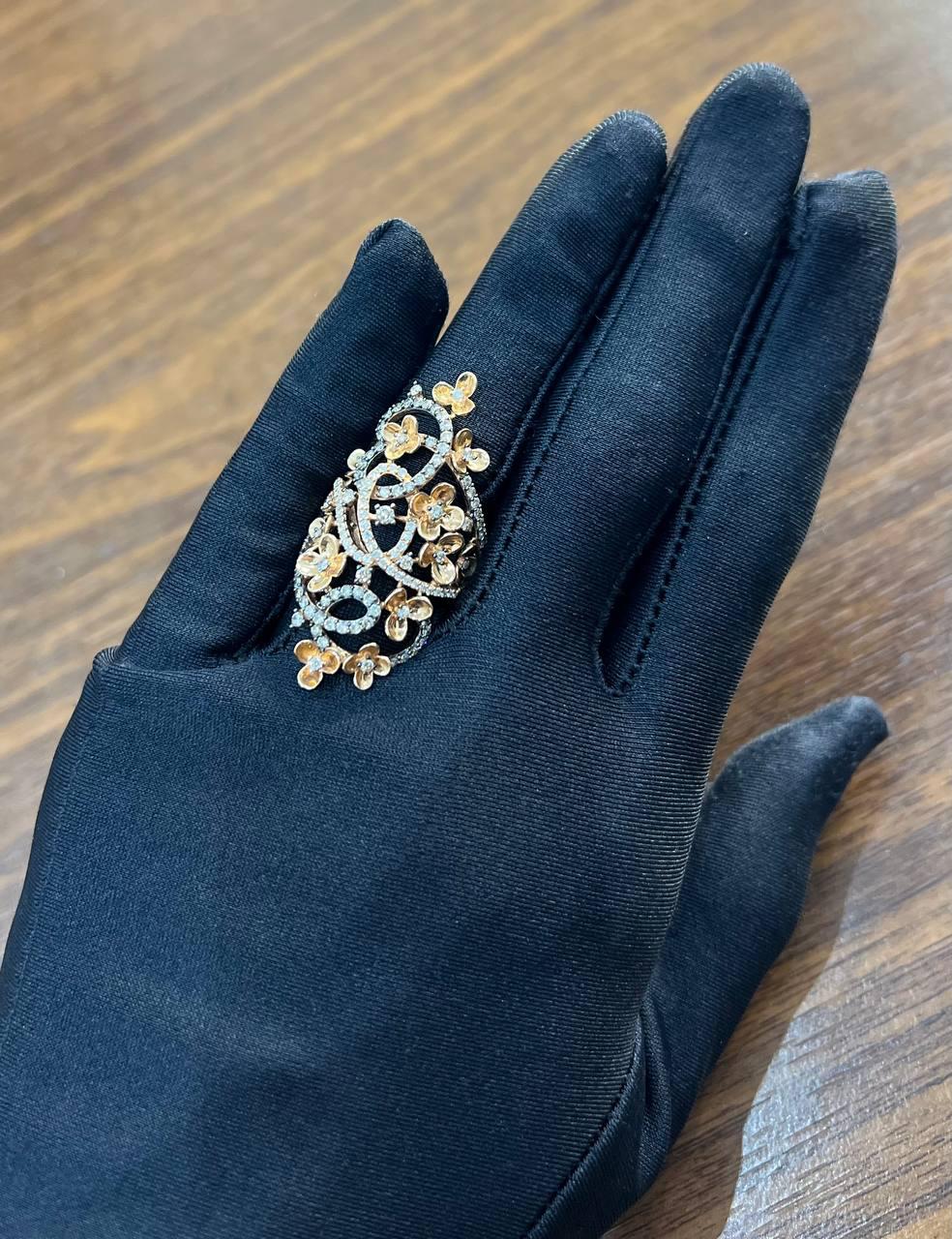 Gold Flower Design Looped White Brown Diamonds Statement Floral Design Full Ring