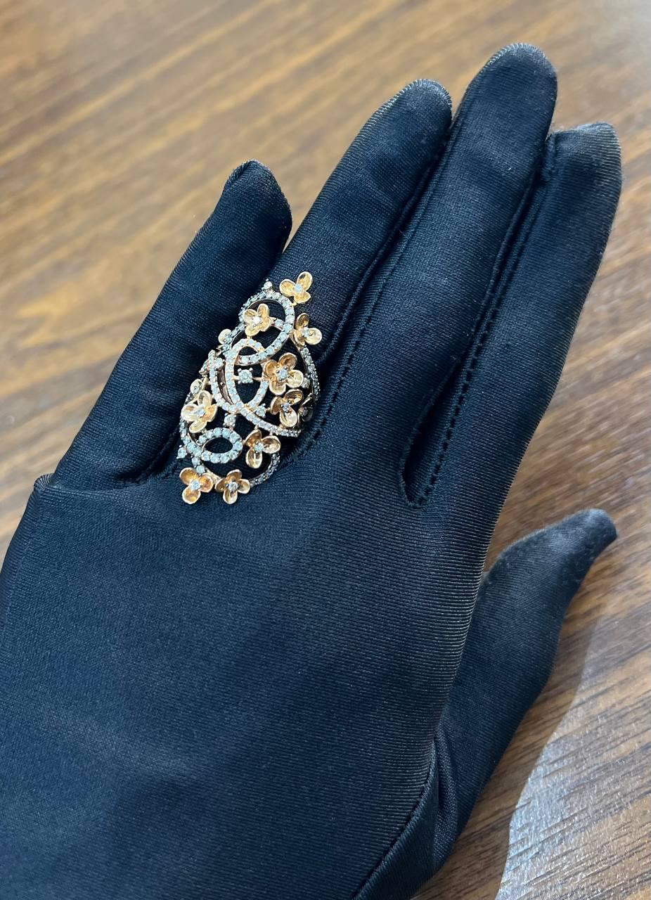 Gold Flower Design Looped White Brown Diamonds Statement Floral Design Full Ring