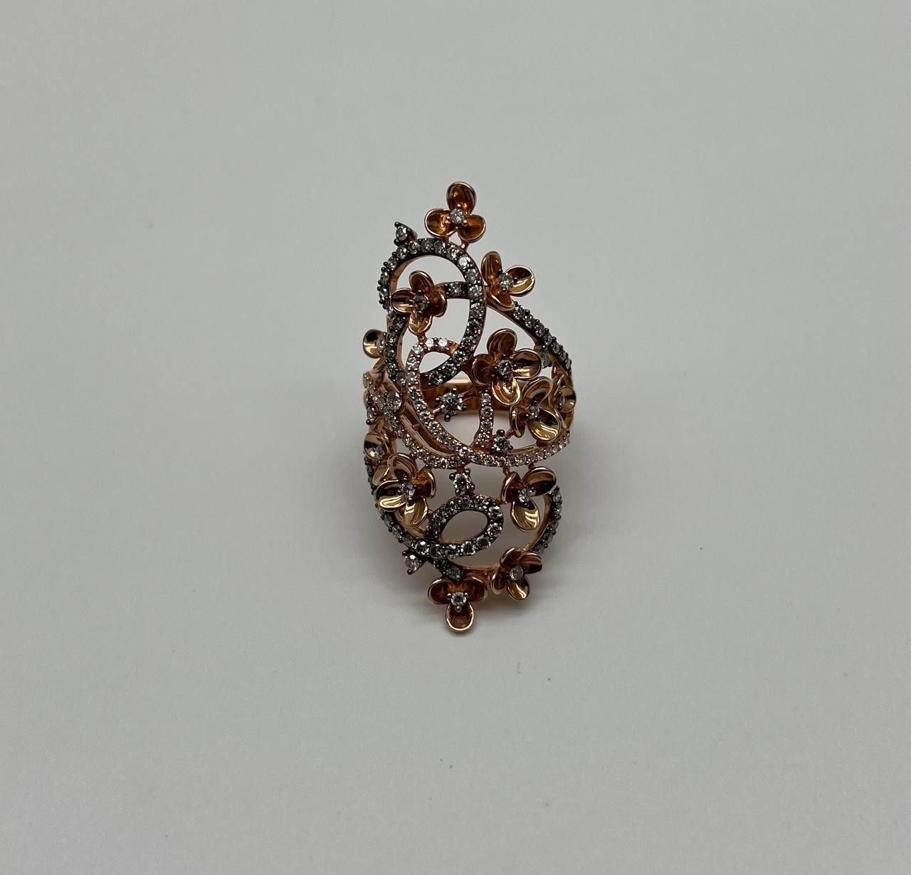 Gold Flower Design Looped White Brown Diamonds Statement Floral Design Full Ring