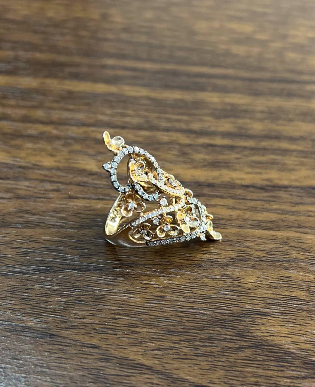 Gold Flower Design Looped White Brown Diamonds Statement Floral Design Full Ring