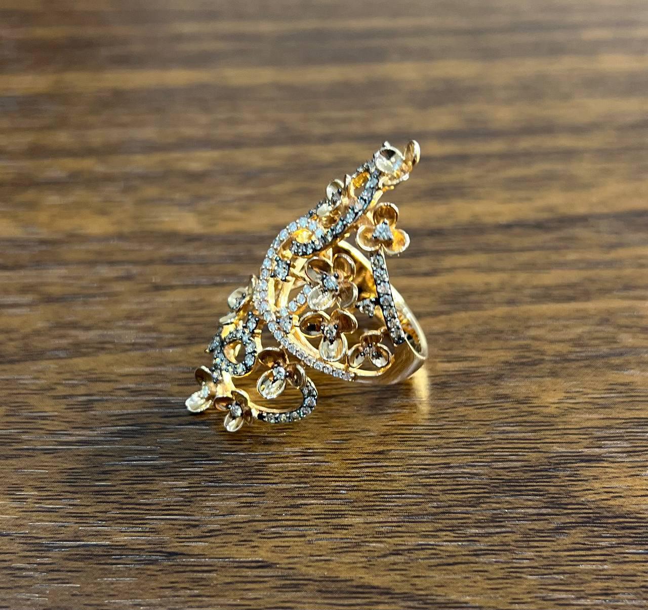 Gold Flower Design Looped White Brown Diamonds Statement Floral Design Full Ring