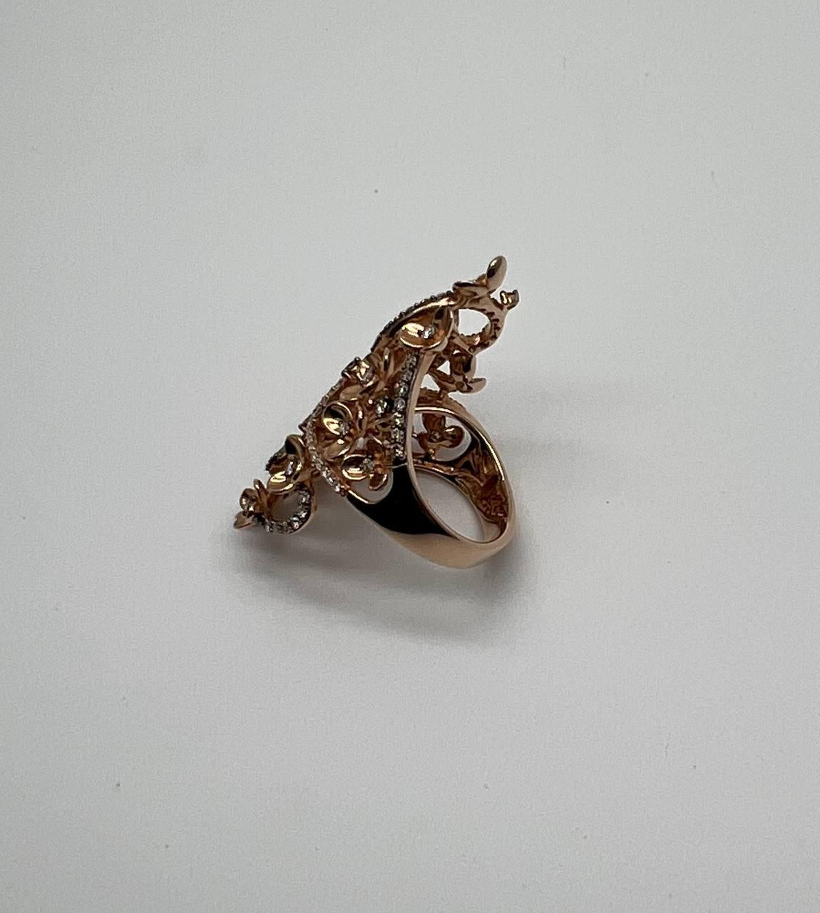 Gold Flower Design Looped White Brown Diamonds Statement Floral Design Full Ring