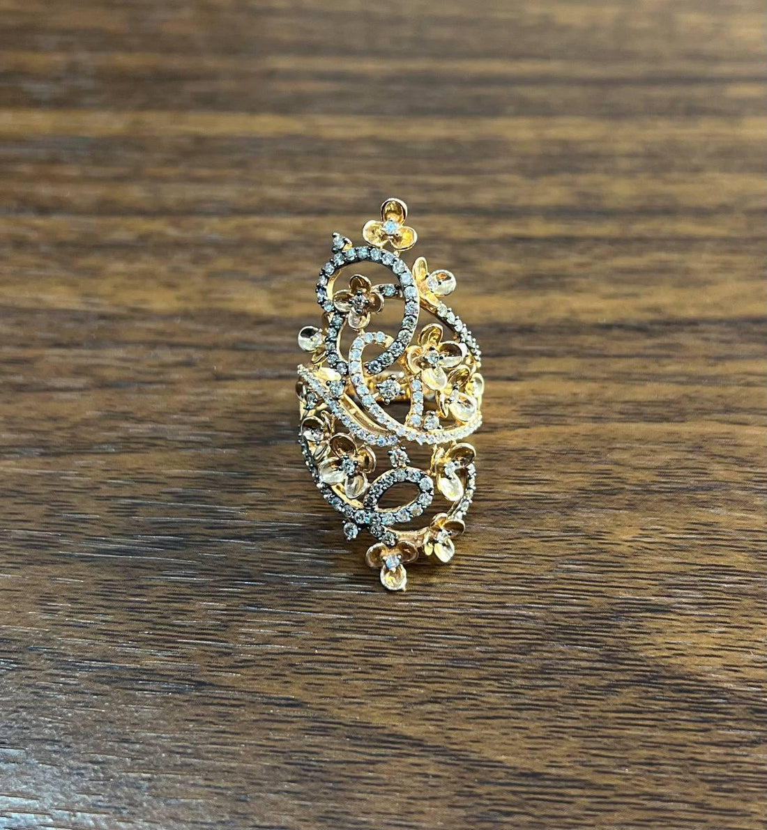 Gold Flower Design Looped White Brown Diamonds Statement Floral Design Full Ring