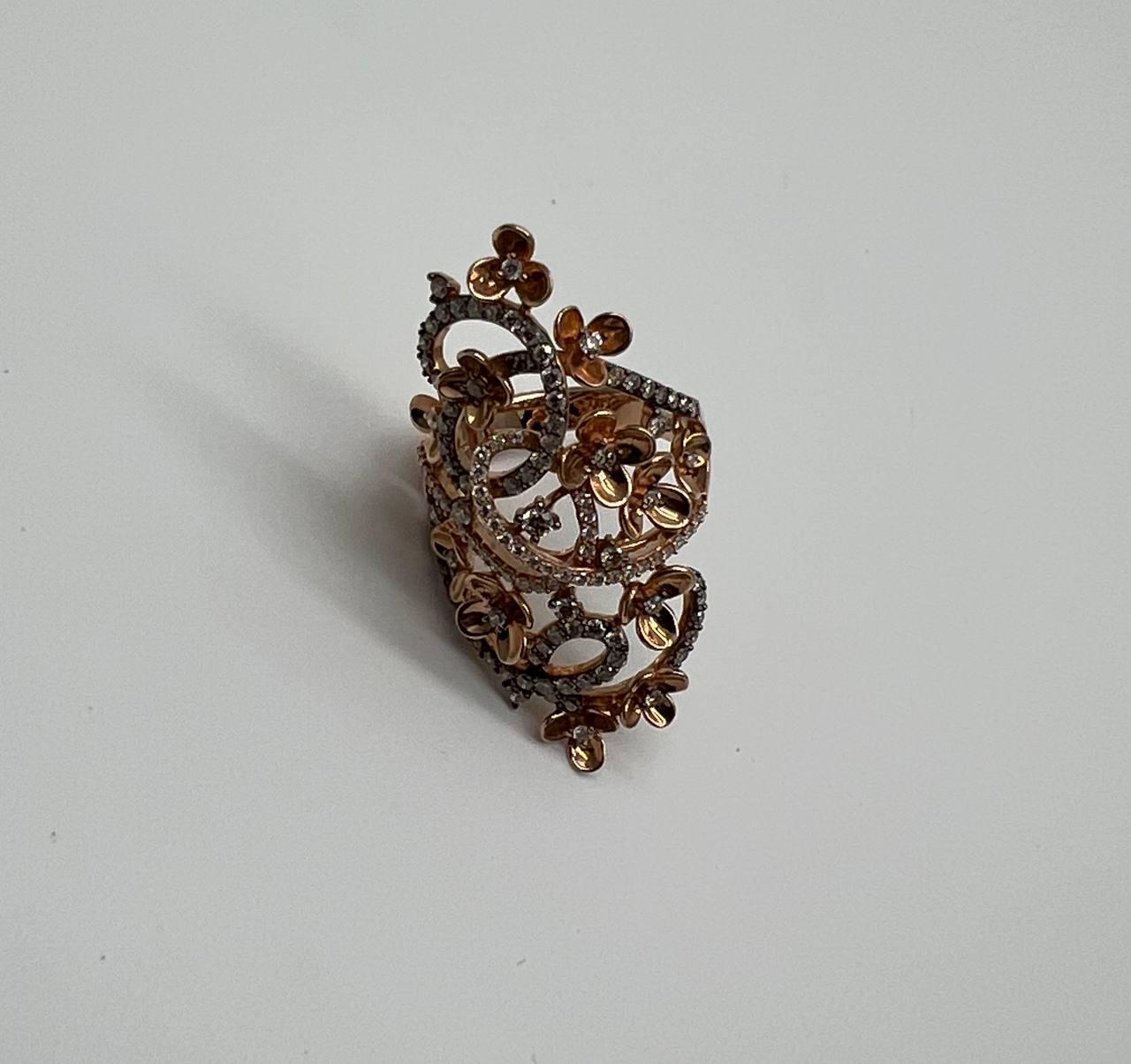 Gold Flower Design Looped White Brown Diamonds Statement Floral Design Full Ring