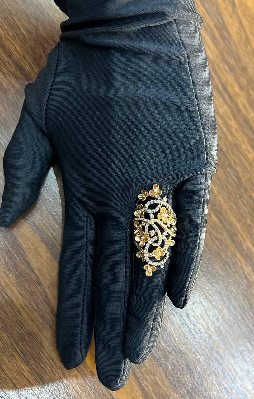 Gold Flower Design Looped White Brown Diamonds Statement Floral Design Full Ring