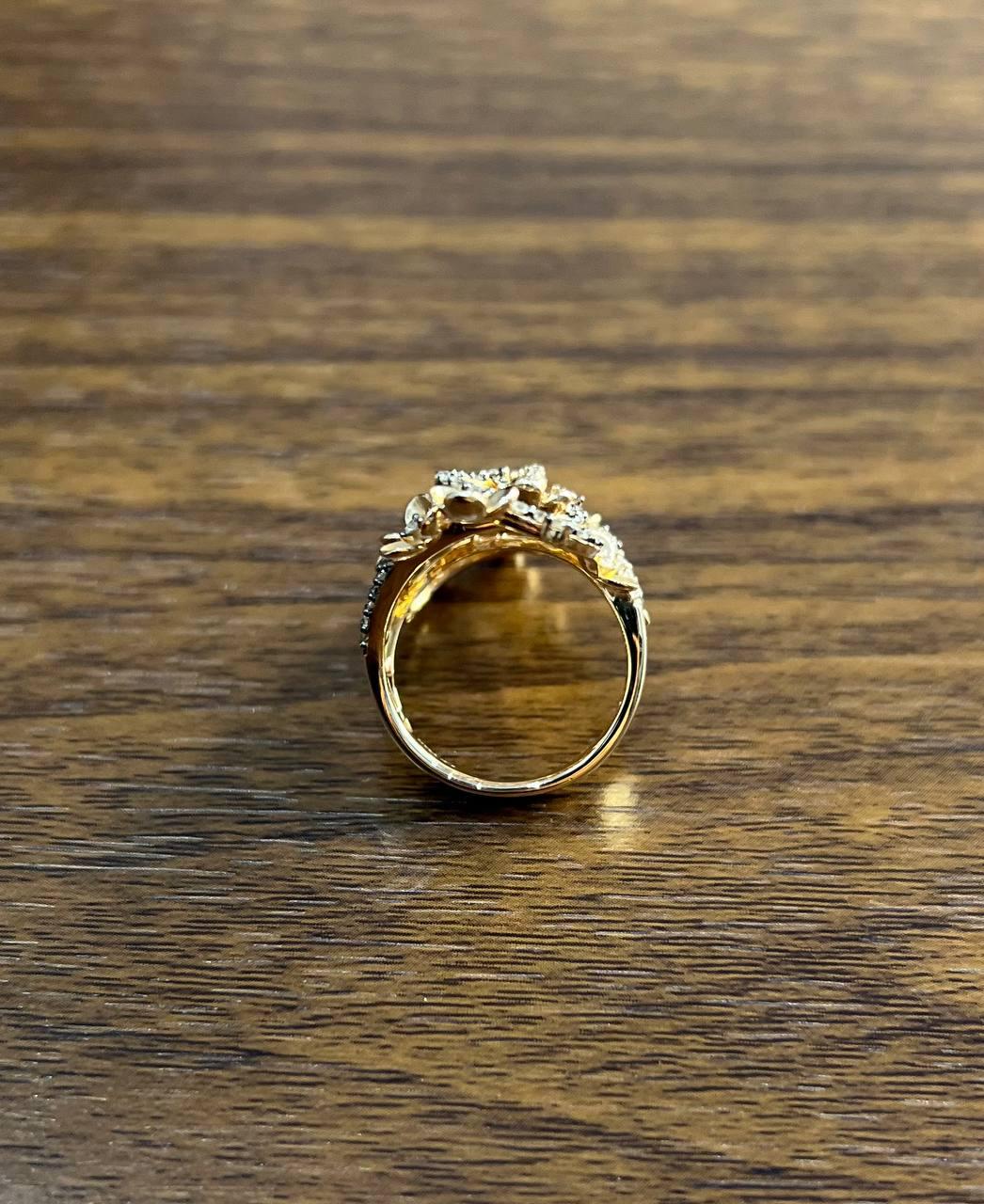 Gold Flower Design Looped White Brown Diamonds Statement Floral Design Full Ring