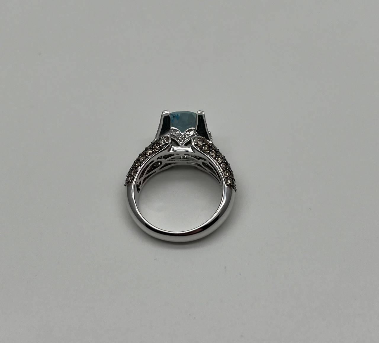 Cushion Blue Aquamarine Diamond Pave Set 14K White Gold Statement Cocktail Ring