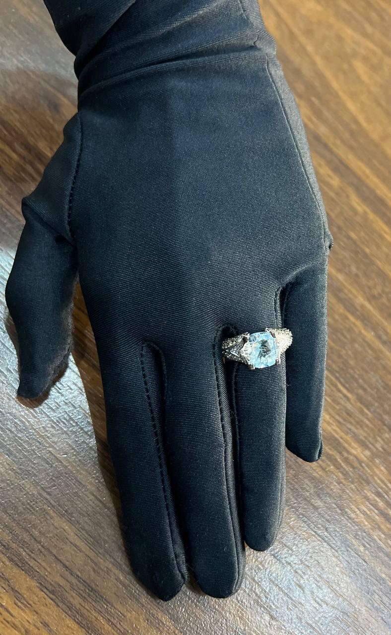 Cushion Blue Aquamarine Diamond Pave Set 14K White Gold Statement Cocktail Ring