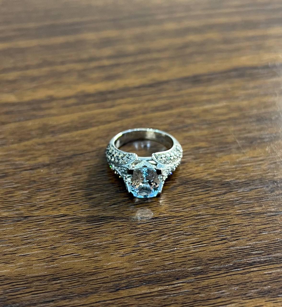 Cushion Blue Aquamarine Diamond Pave Set 14K White Gold Statement Cocktail Ring
