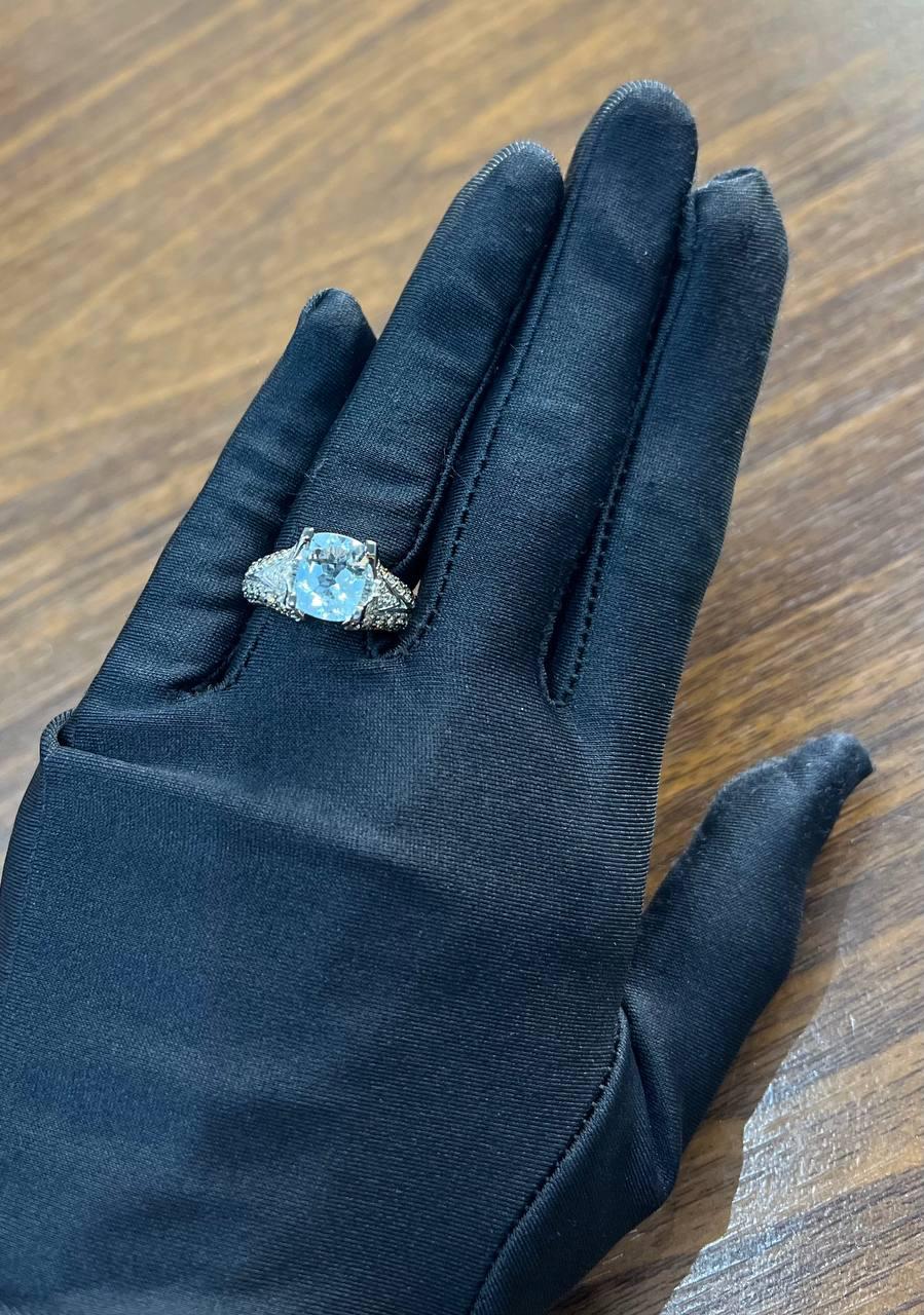 Cushion Blue Aquamarine Diamond Pave Set 14K White Gold Statement Cocktail Ring