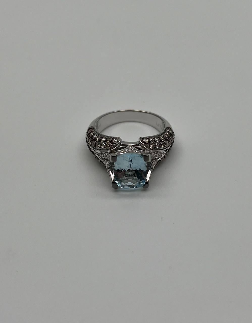 Cushion Blue Aquamarine Diamond Pave Set 14K White Gold Statement Cocktail Ring