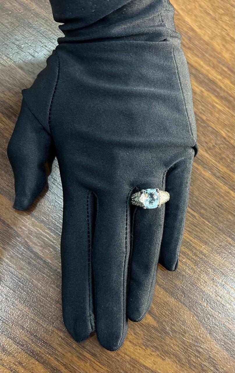 Cushion Blue Aquamarine Diamond Pave Set 14K White Gold Statement Cocktail Ring