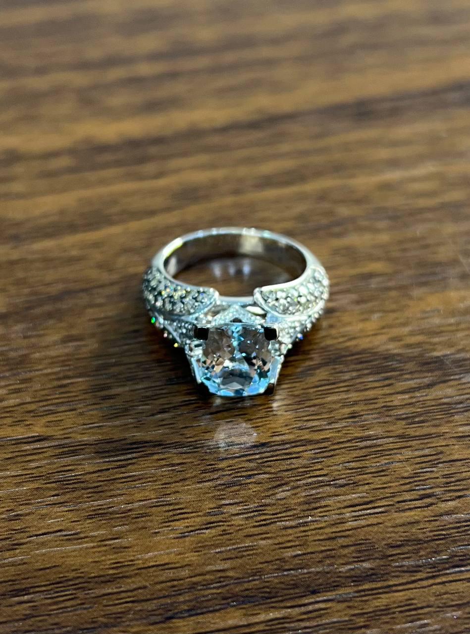 Cushion Blue Aquamarine Diamond Pave Set 14K White Gold Statement Cocktail Ring