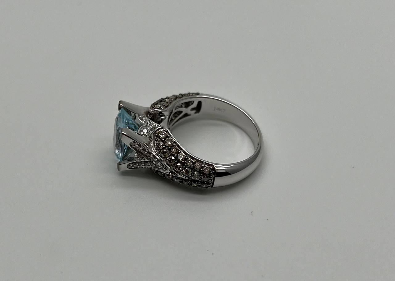 Cushion Blue Aquamarine Diamond Pave Set 14K White Gold Statement Cocktail Ring
