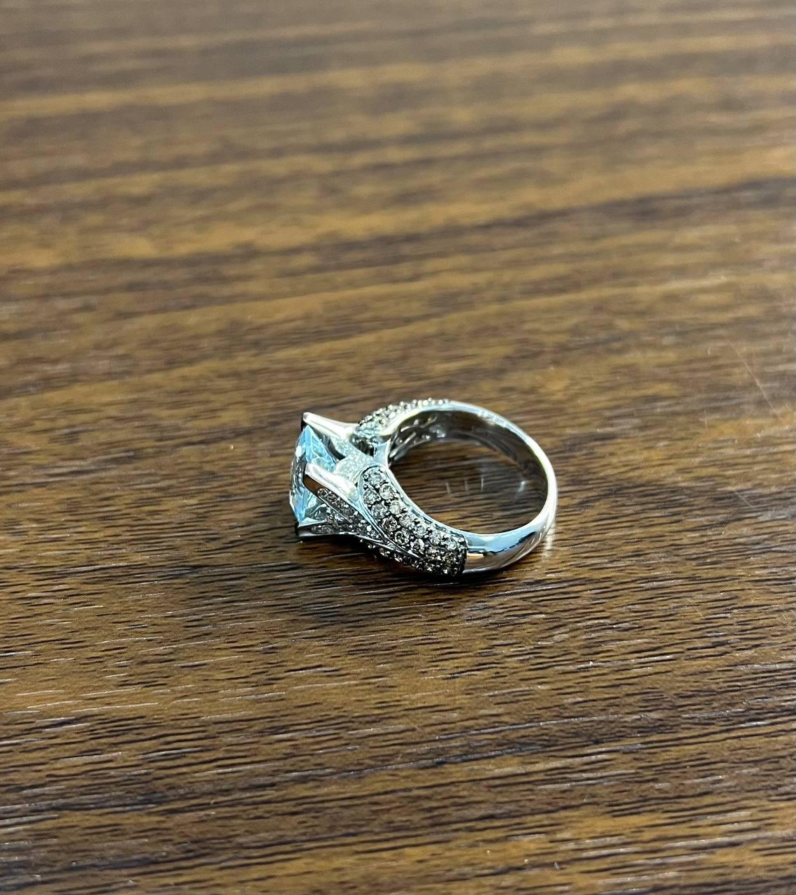 Cushion Blue Aquamarine Diamond Pave Set 14K White Gold Statement Cocktail Ring