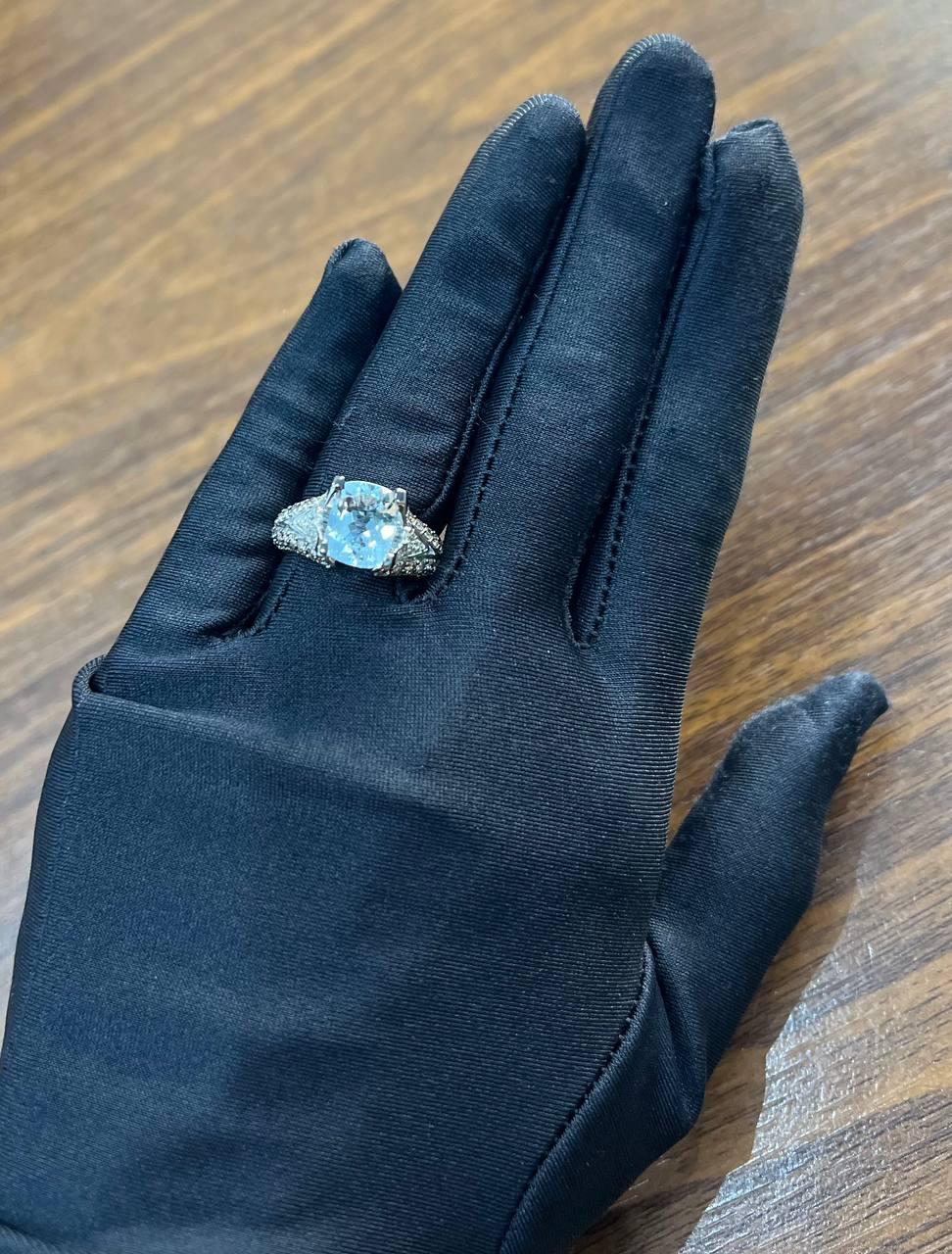 Cushion Blue Aquamarine Diamond Pave Set 14K White Gold Statement Cocktail Ring