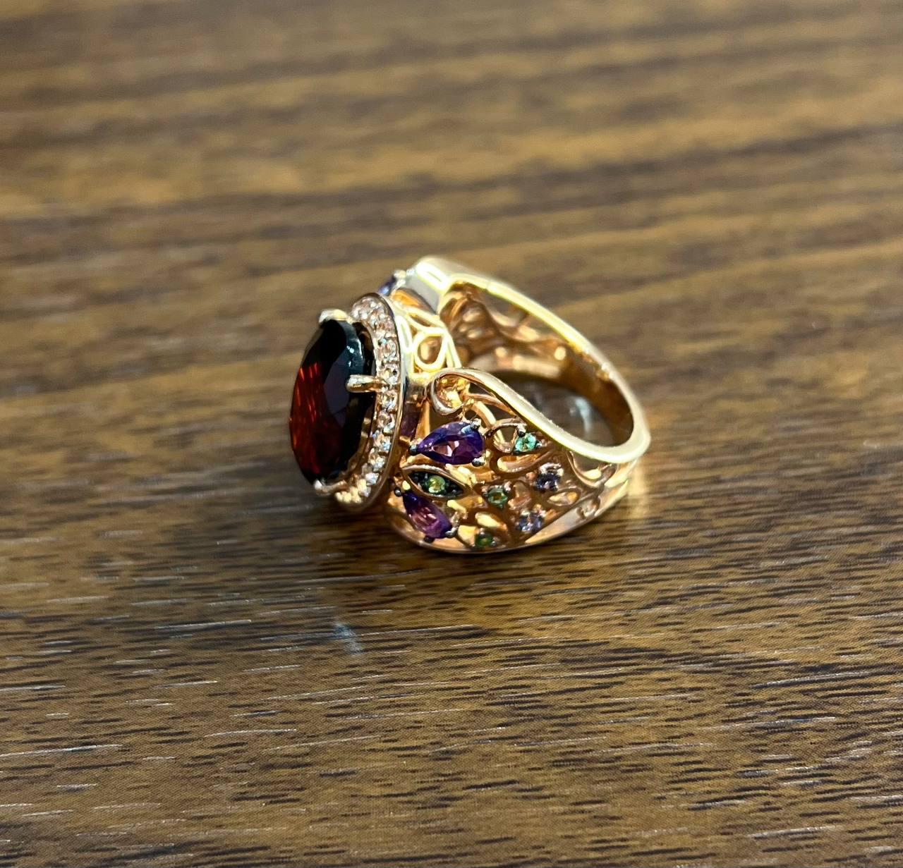 Large Oval Red Garnet Purple Amethyst Green Tsavorite Diamond 14K Rose Gold Ring