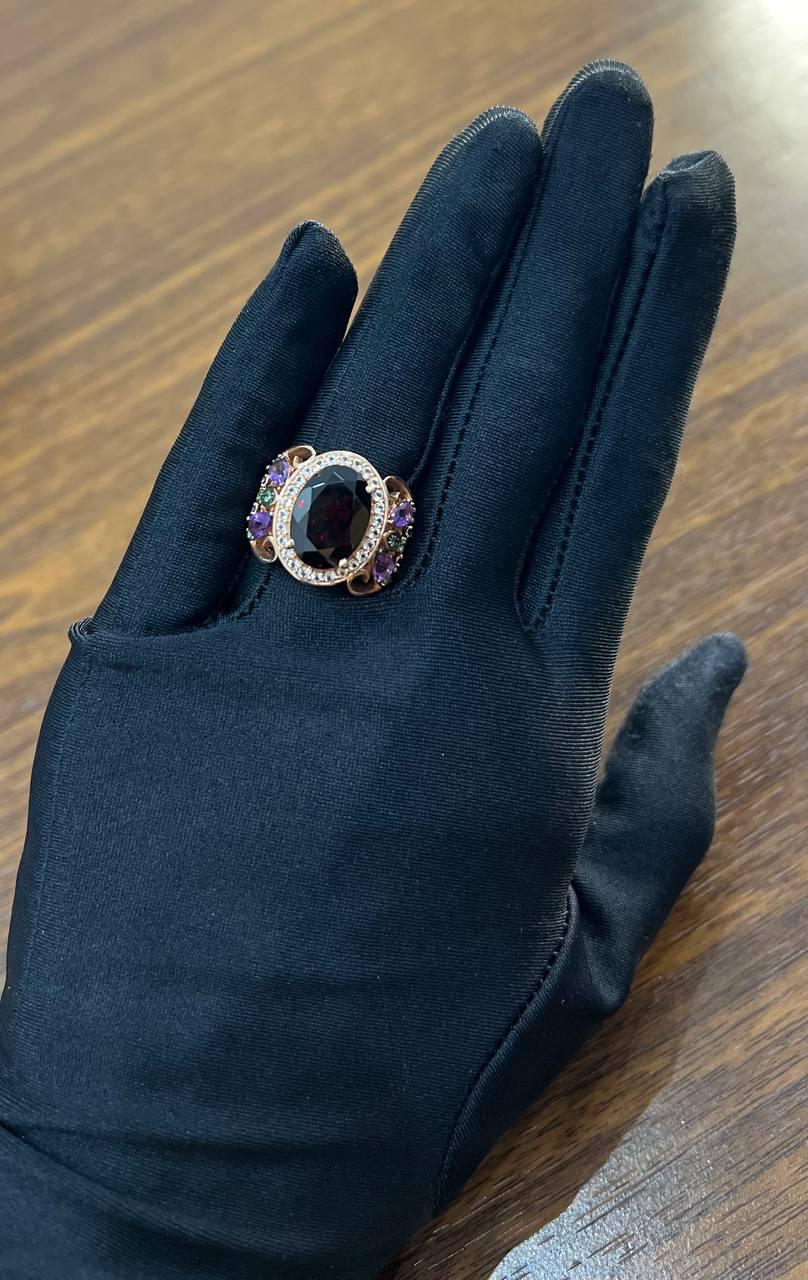 Large Oval Red Garnet Purple Amethyst Green Tsavorite Diamond 14K Rose Gold Ring