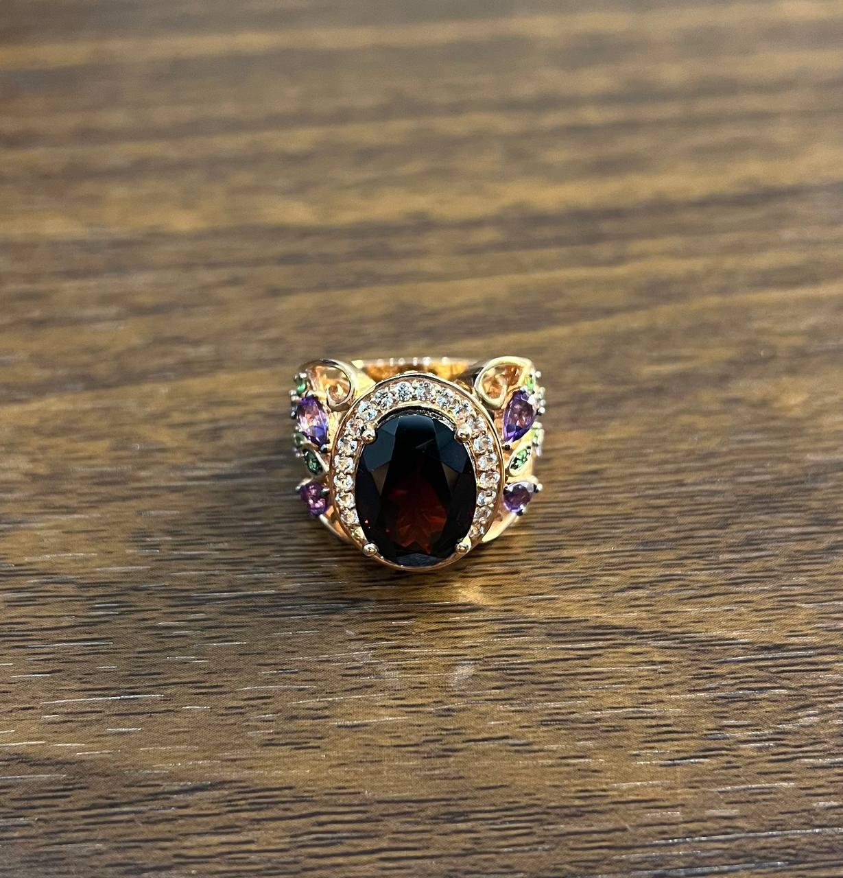 Large Oval Red Garnet Purple Amethyst Green Tsavorite Diamond 14K Rose Gold Ring